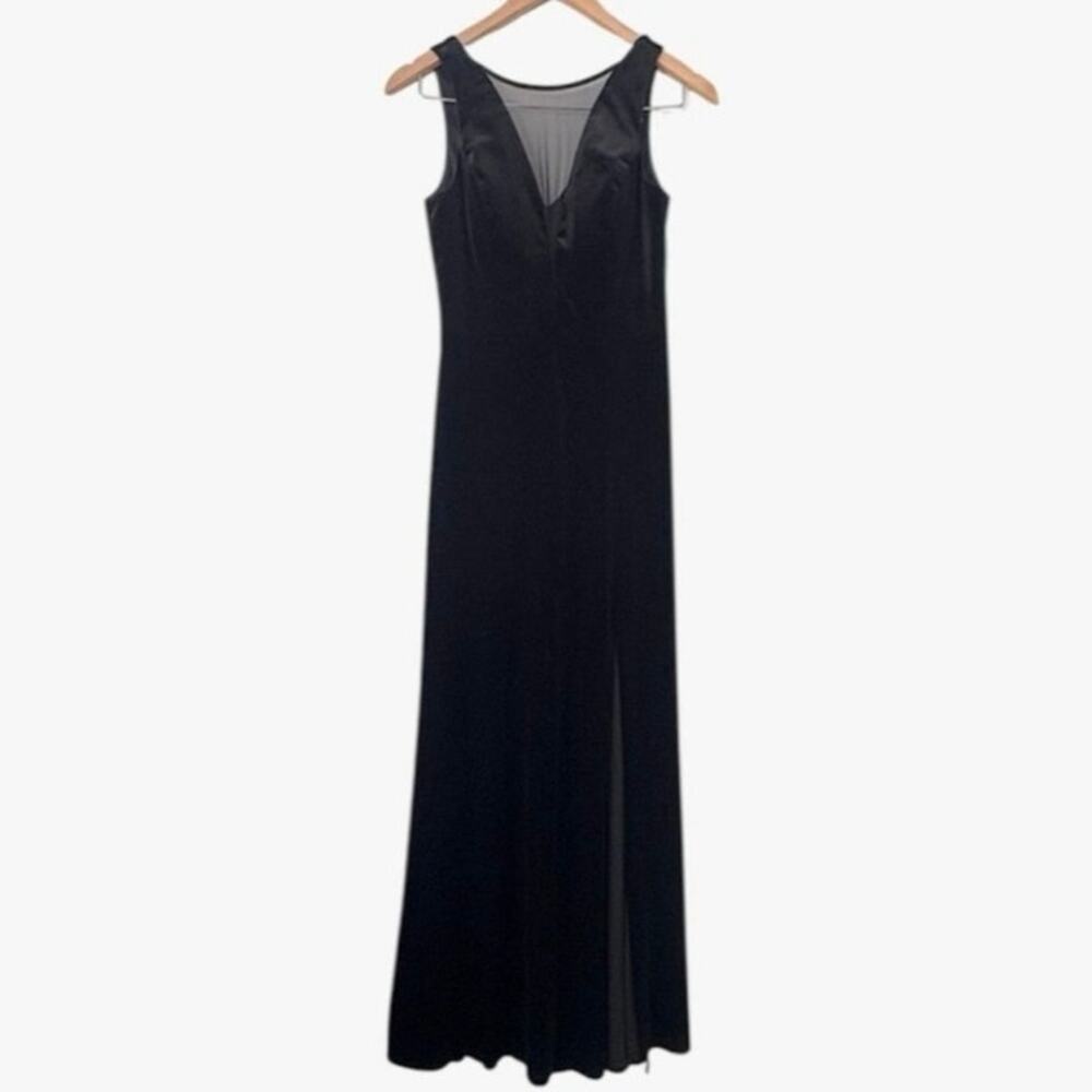 Nightway Black Velvet Illusion Plunge V Neck High Slit Maxi Gown Dress Sz 8 - Picture 2 of 9